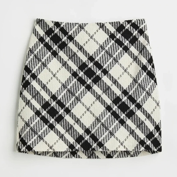 H&M tweed mini skirt plaid high waisted lined elastic wool neutral stretchy - Picture 1 of 6